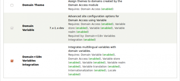 Screenshot - Modules from Drupal Domain Access package.