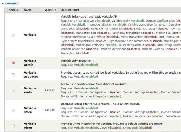 Screenshot - Drupal Variable modules