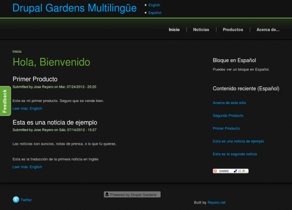 Web Multilenguaje con Drupal Gardens - Página de Inicio en Español 