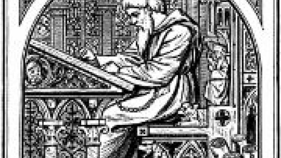 Grabado de un copista medieval trabajando.